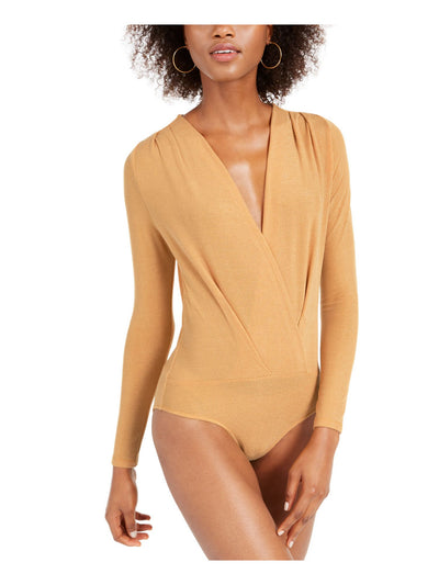 KIT + SKY Womens Gold Glitter Long Sleeve Surplice Neckline Bodysuit S