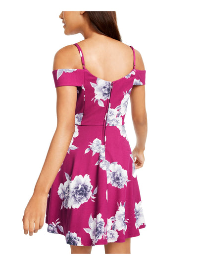 CITY STUDIO Womens Purple Cold Shoulder Floral Spaghetti Strap V Neck Short Fit + Flare Dress 0