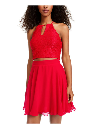 CITY STUDIO Womens Red Embroidered Lace Floral Sleeveless Keyhole Short Cocktail Fit + Flare Dress 7