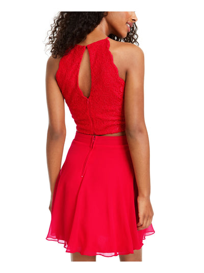 CITY STUDIO Womens Red Embroidered Lace Floral Sleeveless Keyhole Short Cocktail Fit + Flare Dress 7