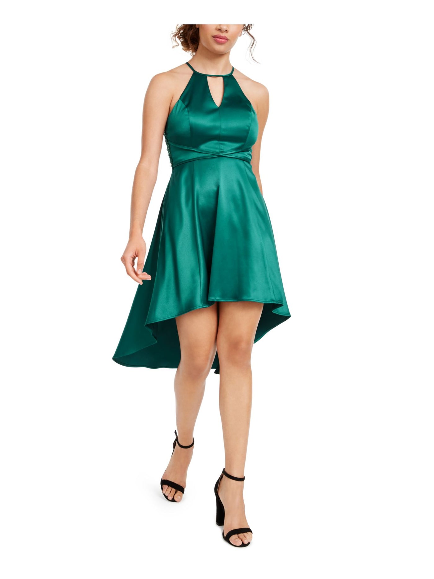 CRYSTAL DOLLS Womens Green Sleeveless Halter Tea-Length Cocktail Hi-Lo Dress 7