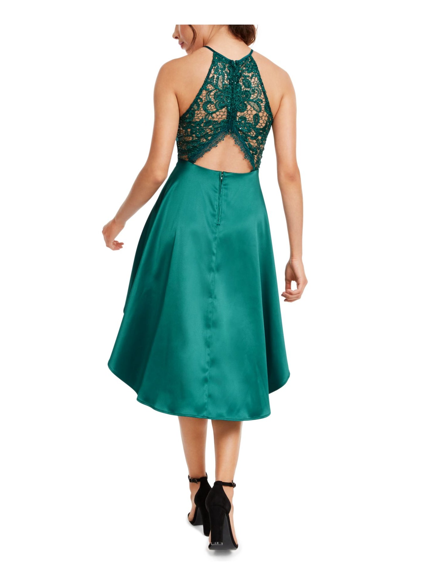 CRYSTAL DOLLS Womens Green Sleeveless Halter Tea-Length Cocktail Hi-Lo Dress 7