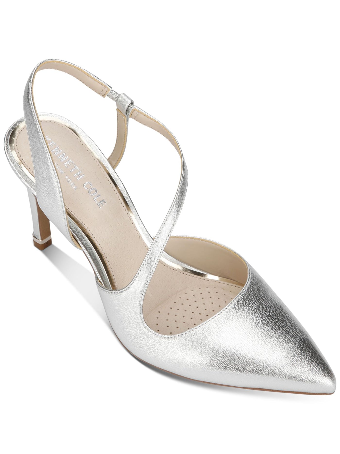 KENNETH COLE NEW YORK Womens Silver Padded Comfort Riley 85 Pointed Toe Stiletto Slip On Leather Slingback 8 M