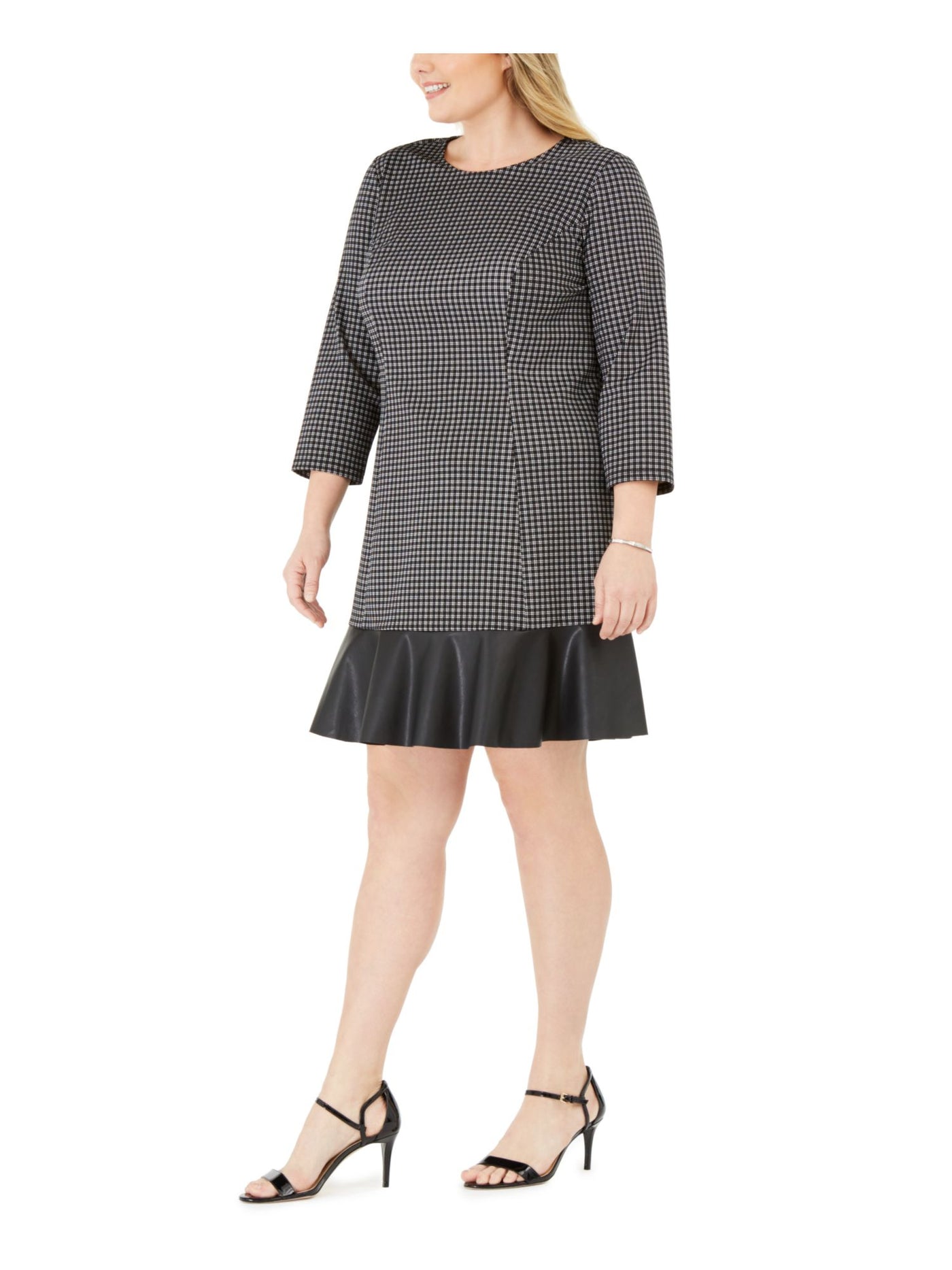 MICHAEL KORS Womens Black Zippered Faux Leather Unlined Plaid 3/4 Sleeve Crew Neck Above The Knee Shift Dress Plus 2X