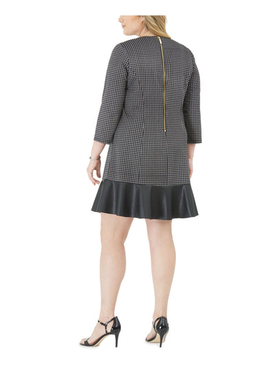 MICHAEL KORS Womens Black Zippered Faux Leather Unlined Plaid 3/4 Sleeve Crew Neck Above The Knee Shift Dress Plus 2X