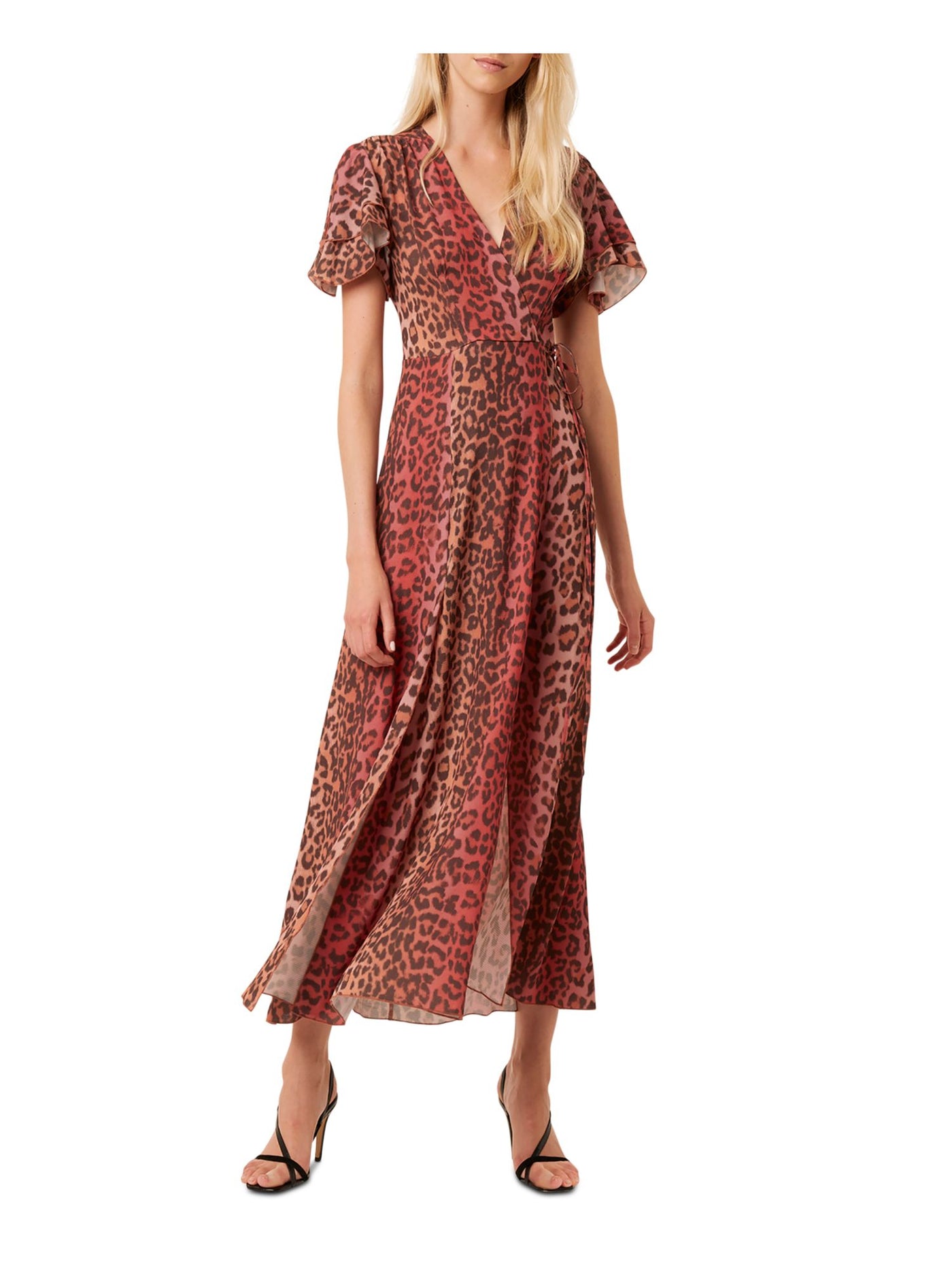 FRENCH CONNECTION Womens Brown Zippered Tie Unlined Animal Print Flutter Sleeve Surplice Neckline Tea-Length Party Faux Wrap Dress 2