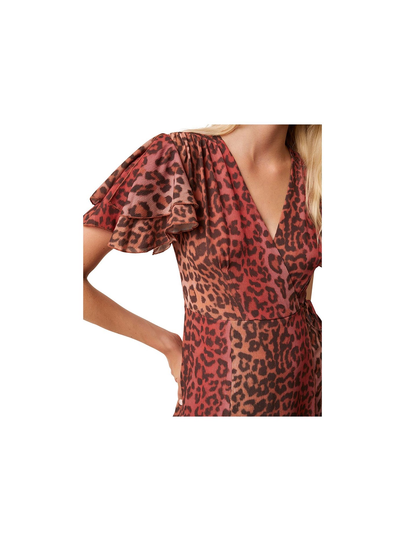 FRENCH CONNECTION Womens Brown Zippered Tie Unlined Animal Print Flutter Sleeve Surplice Neckline Tea-Length Party Faux Wrap Dress 2