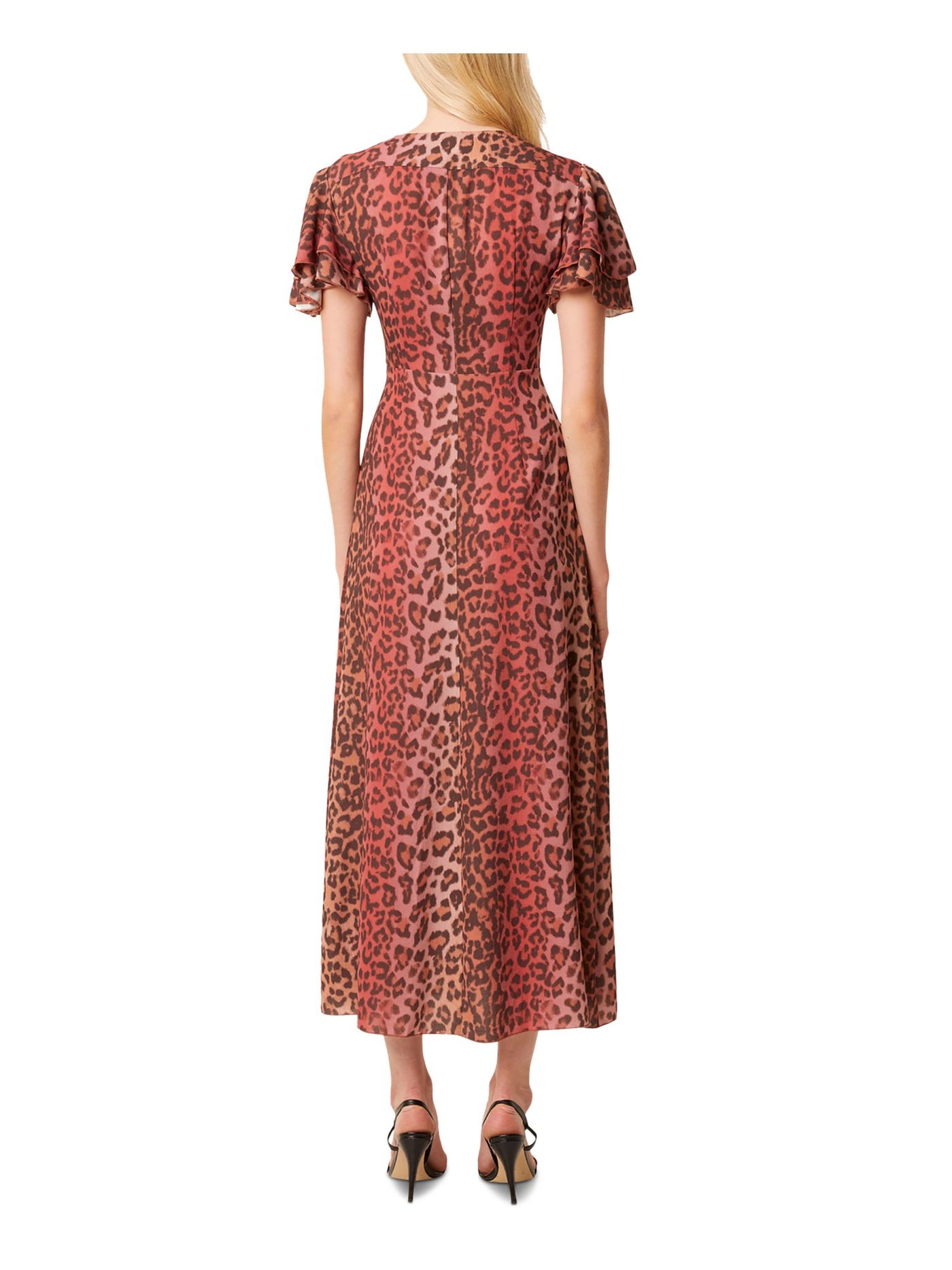FRENCH CONNECTION Womens Brown Zippered Tie Unlined Animal Print Flutter Sleeve Surplice Neckline Tea-Length Party Faux Wrap Dress 2