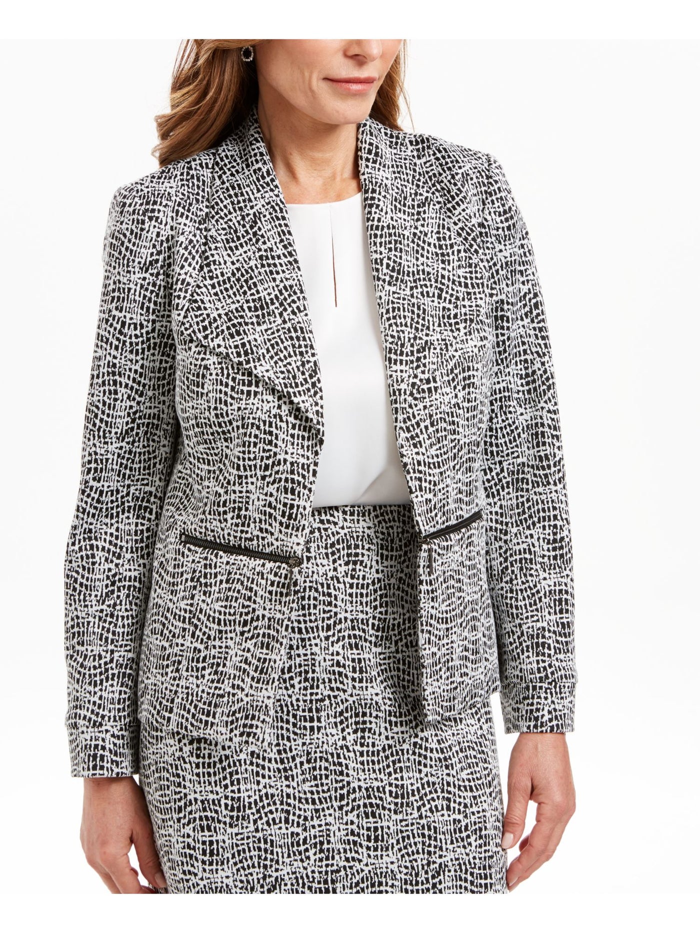 KASPER Womens White Houndstooth Wear To Work Blazer Jacket 10