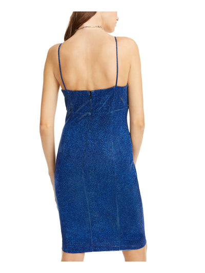 JUMP Womens Blue Glitter Spaghetti Strap Square Neck Above The Knee Party Sheath Dress 3\4