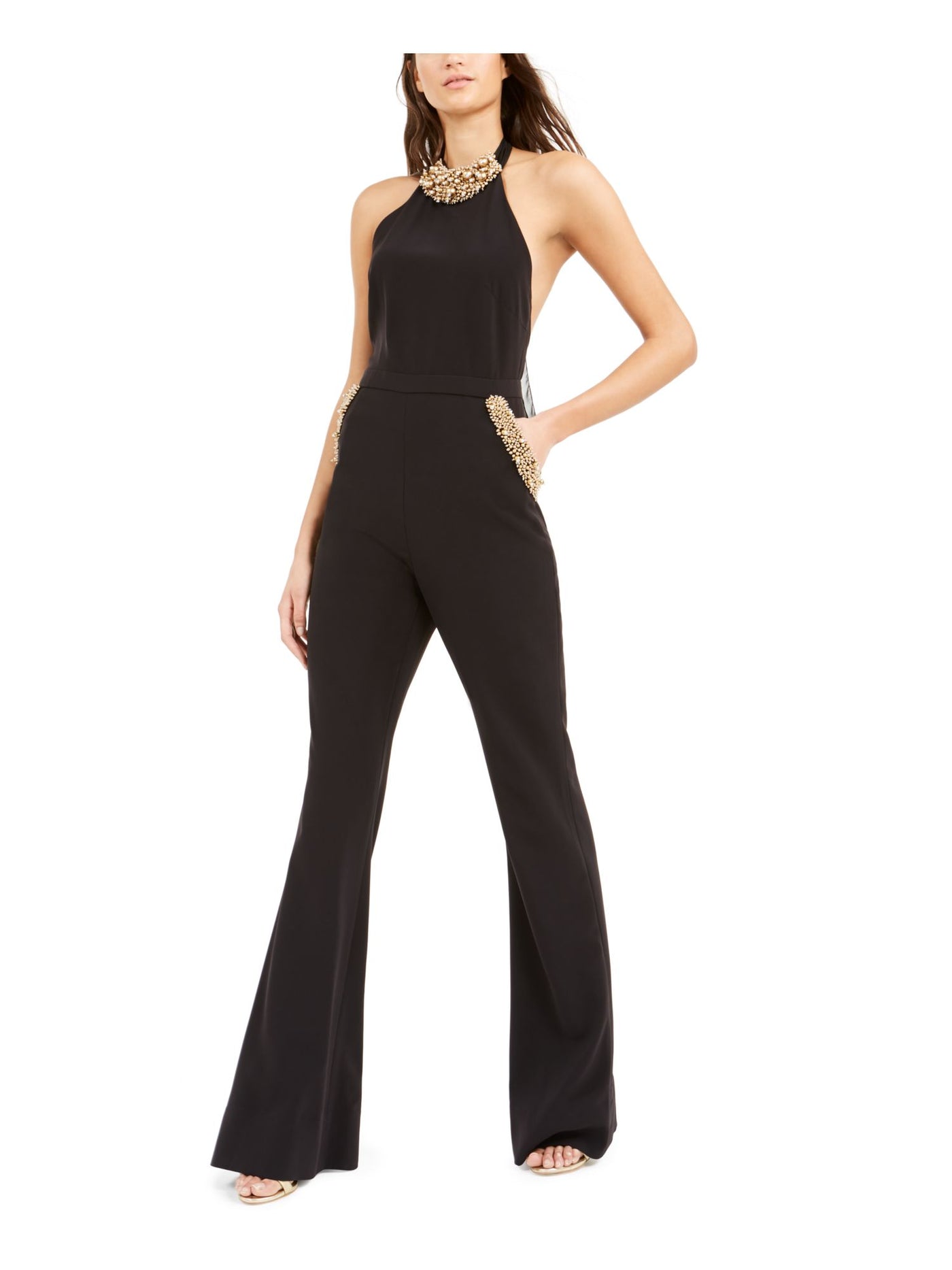 RACHEL ZOE Womens Black Embellished Sleeveless Halter Evening Jumpsuit 2