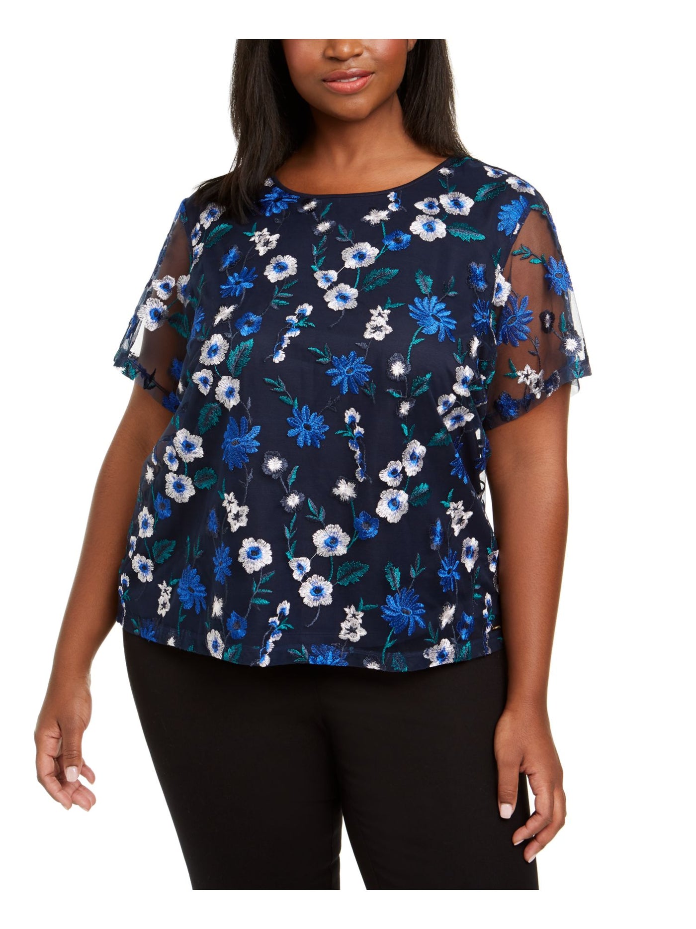 CALVIN KLEIN Womens Navy Floral Short Sleeve Jewel Neck Top Size: 2X