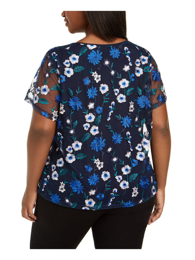 CALVIN KLEIN Womens Navy Floral Short Sleeve Jewel Neck Top Size: 2X