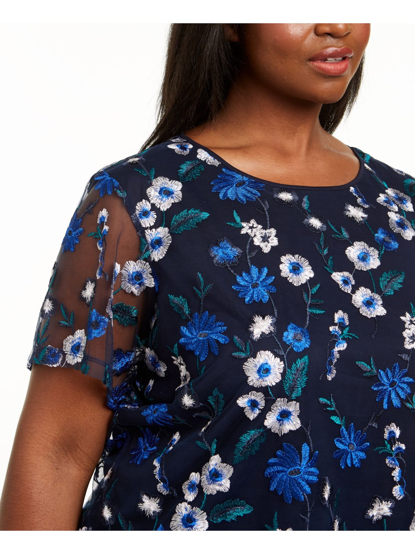 CALVIN KLEIN Womens Navy Floral Short Sleeve Jewel Neck Top Size: 2X