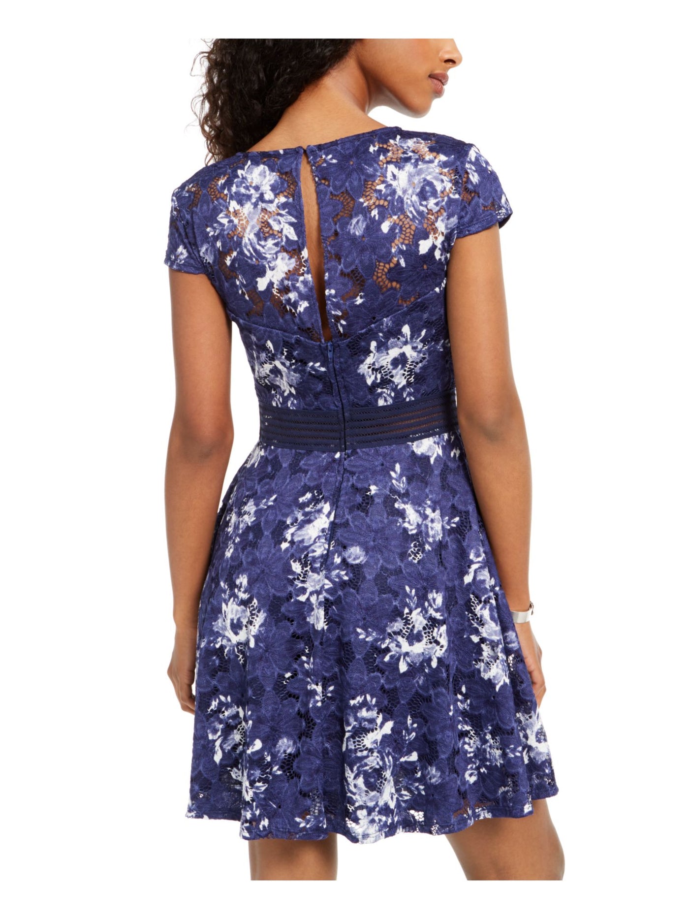 CITY STUDIO Womens Navy Lace Floral Cap Sleeve Jewel Neck Mini Evening Fit + Flare Dress 13