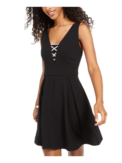 TEEZE ME Womens Black Sleeveless Above The Knee Fit + Flare Dress 1\2