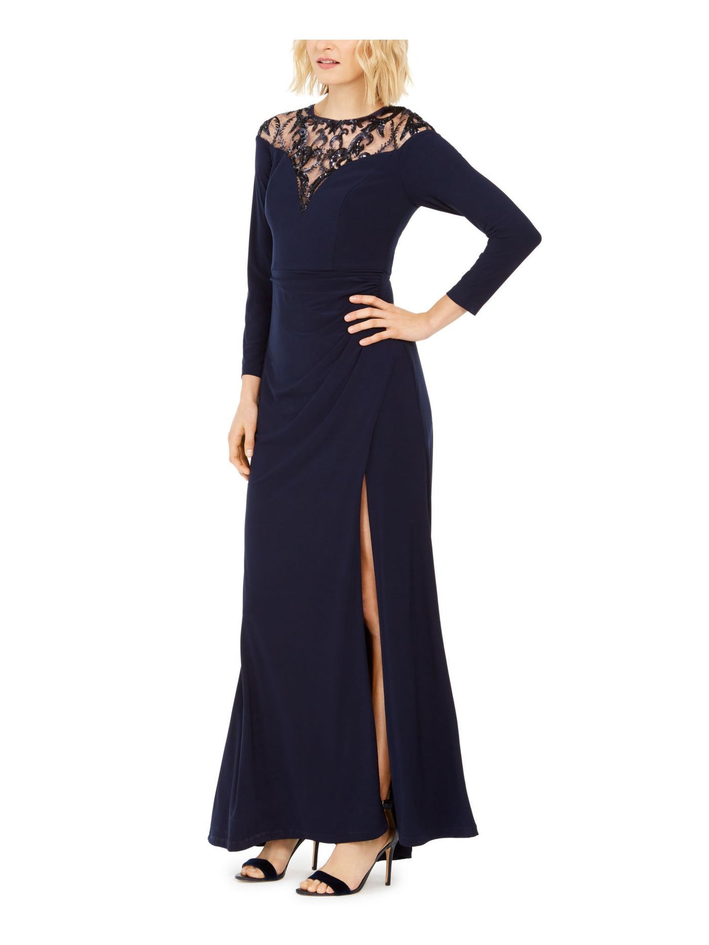 ADRIANNA PAPELL Womens Lace Side Slit 3/4 Sleeve Crew Neck Maxi Formal Fit + Flare Dress