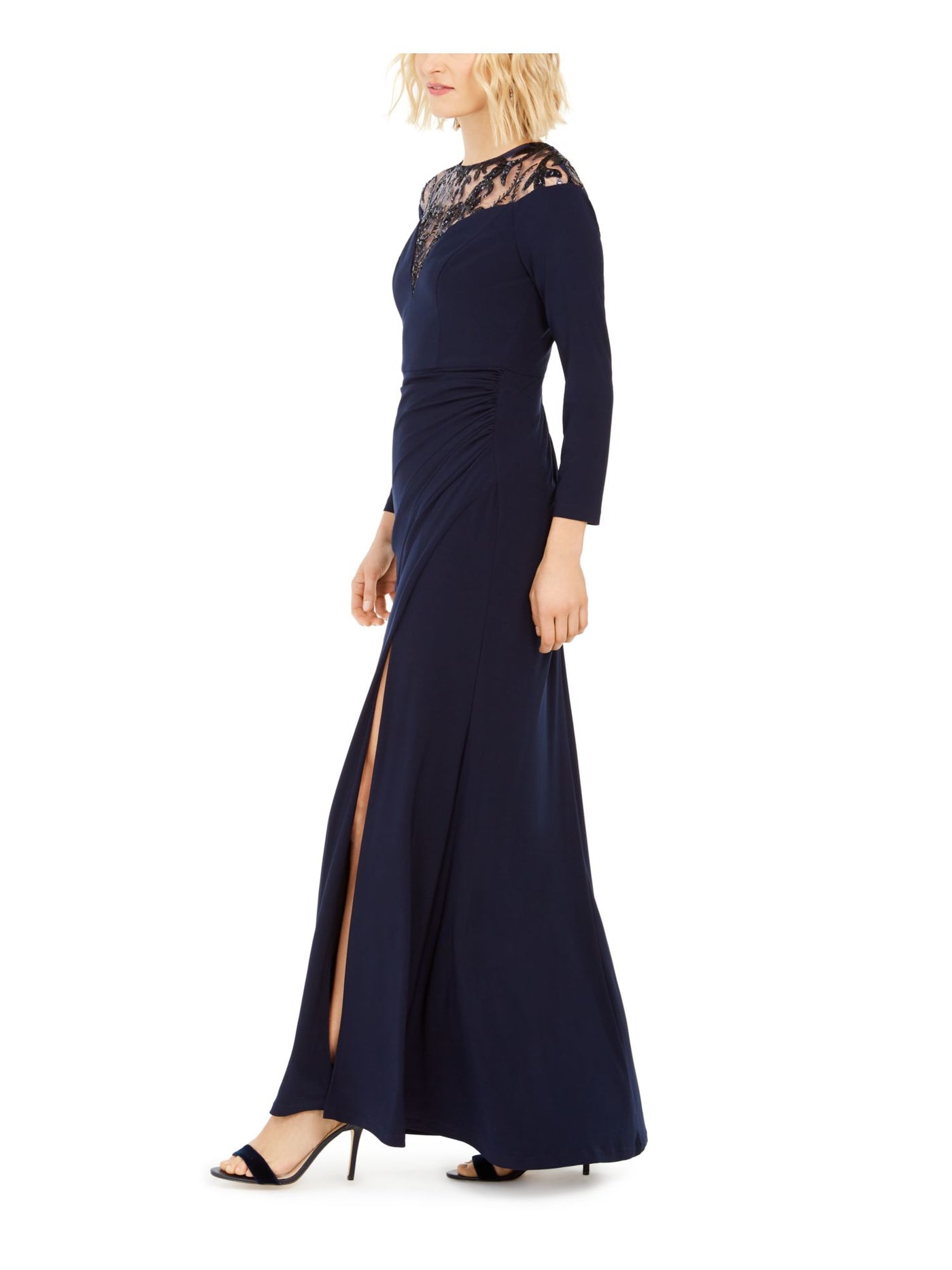 ADRIANNA PAPELL Womens Navy Lace Illusion 3/4 Sleeve Crew Neck Maxi Formal Fit + Flare Dress 6