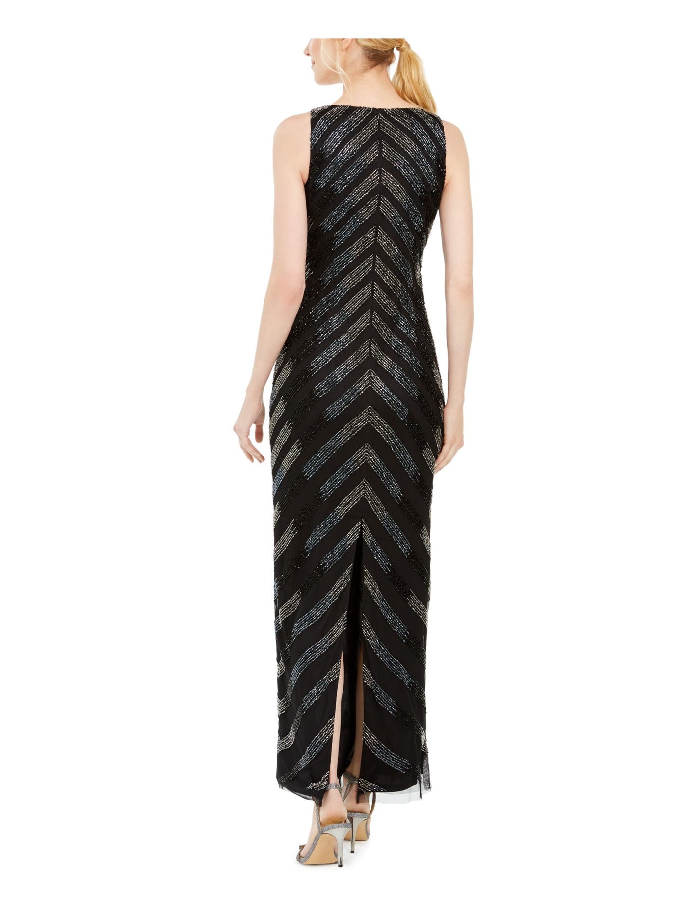 ADRIANNA PAPELL Womens Beaded Zippered Gown Sleeveless V Neck Maxi Formal Sheath Dress