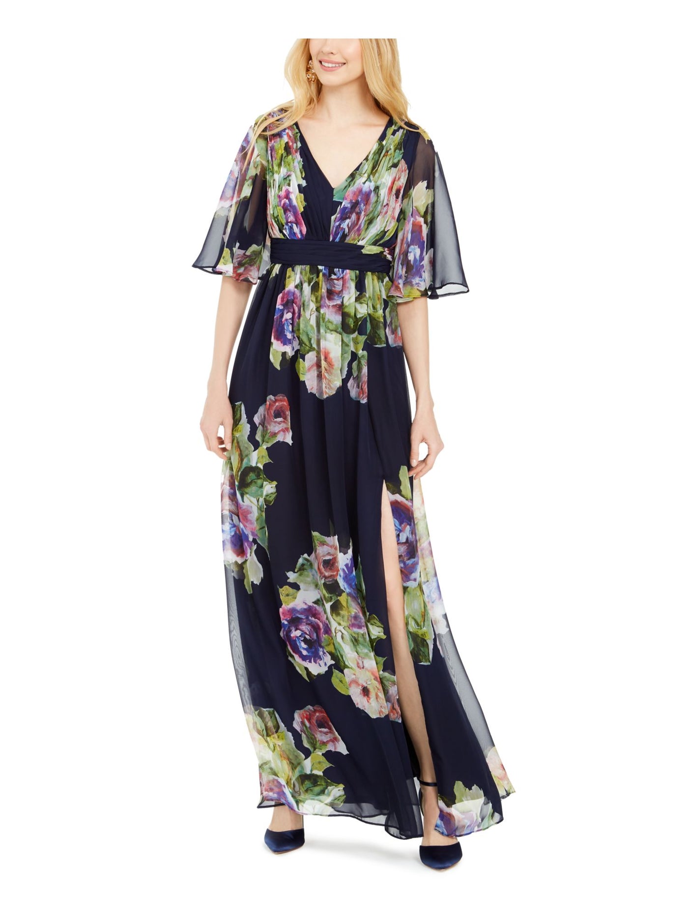 ADRIANNA PAPELL Womens Short Sleeve V Neck Maxi Shift Dress