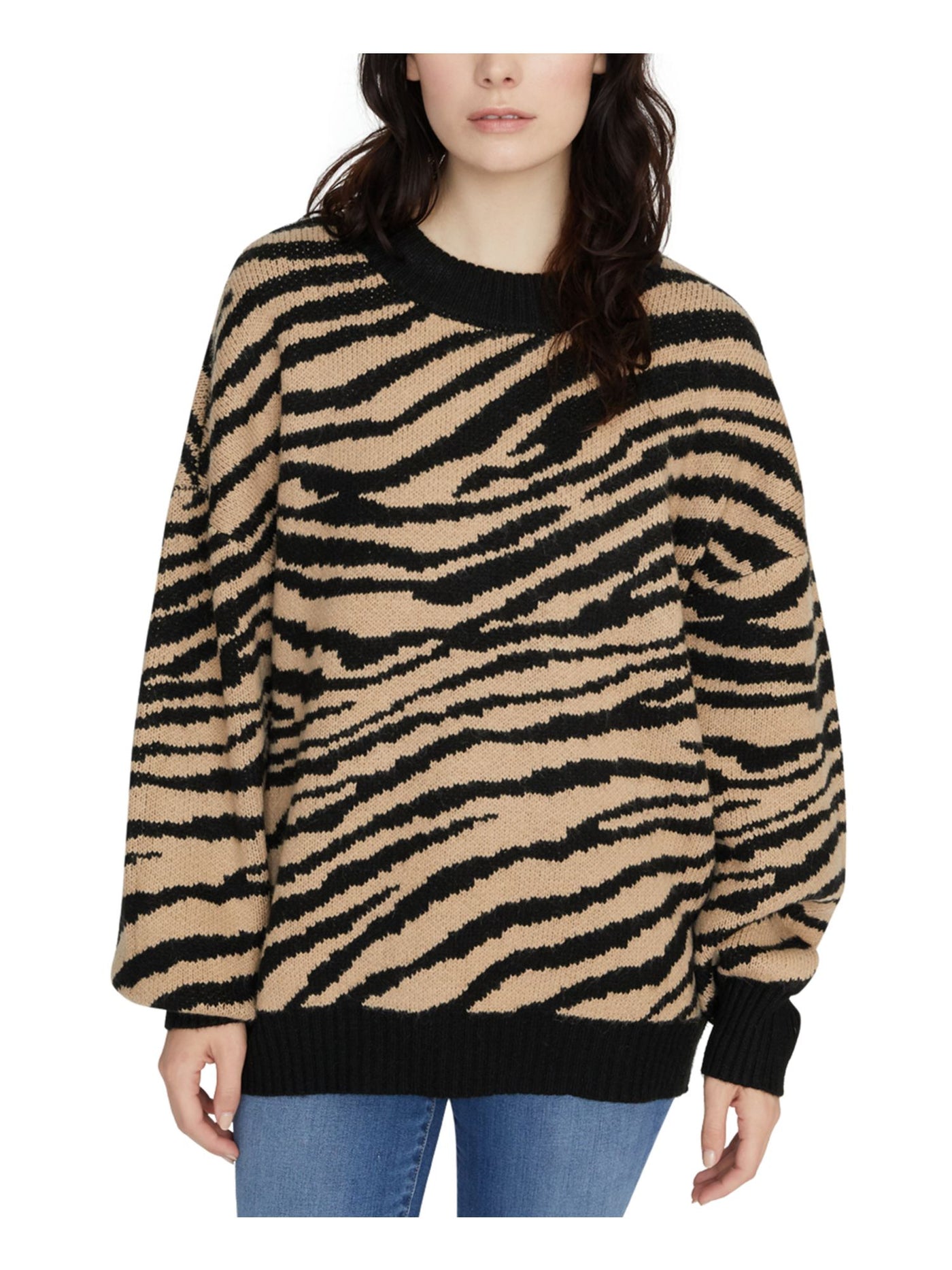 SANCTUARY Womens Black Animal Print Long Sleeve Crew Neck Sweater XS