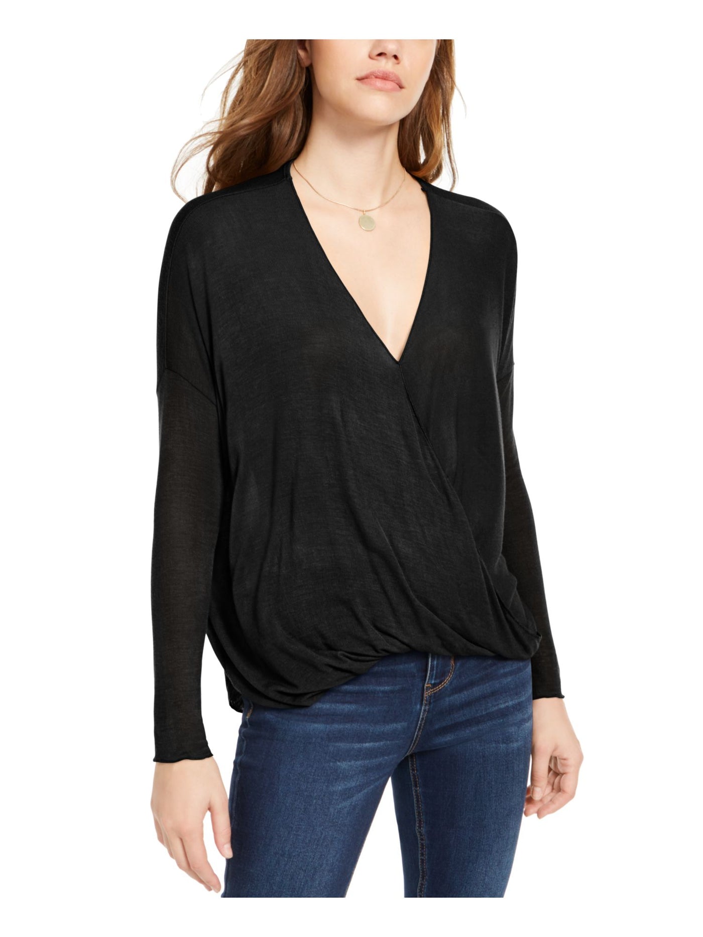 MMXII Womens Black Long Sleeve Surplice Neckline Top XS