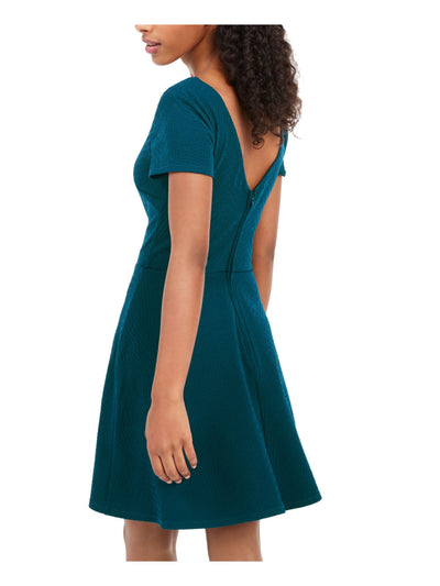 TRIXXI Womens Teal Short Sleeve Jewel Neck Short Fit + Flare Dress 5