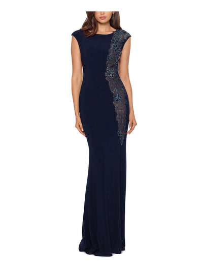 XSCAPE Womens Navy Zippered Slitted Cap Sleeve Jewel Neck Full-Length Evening Sheath Dress Petites 4P