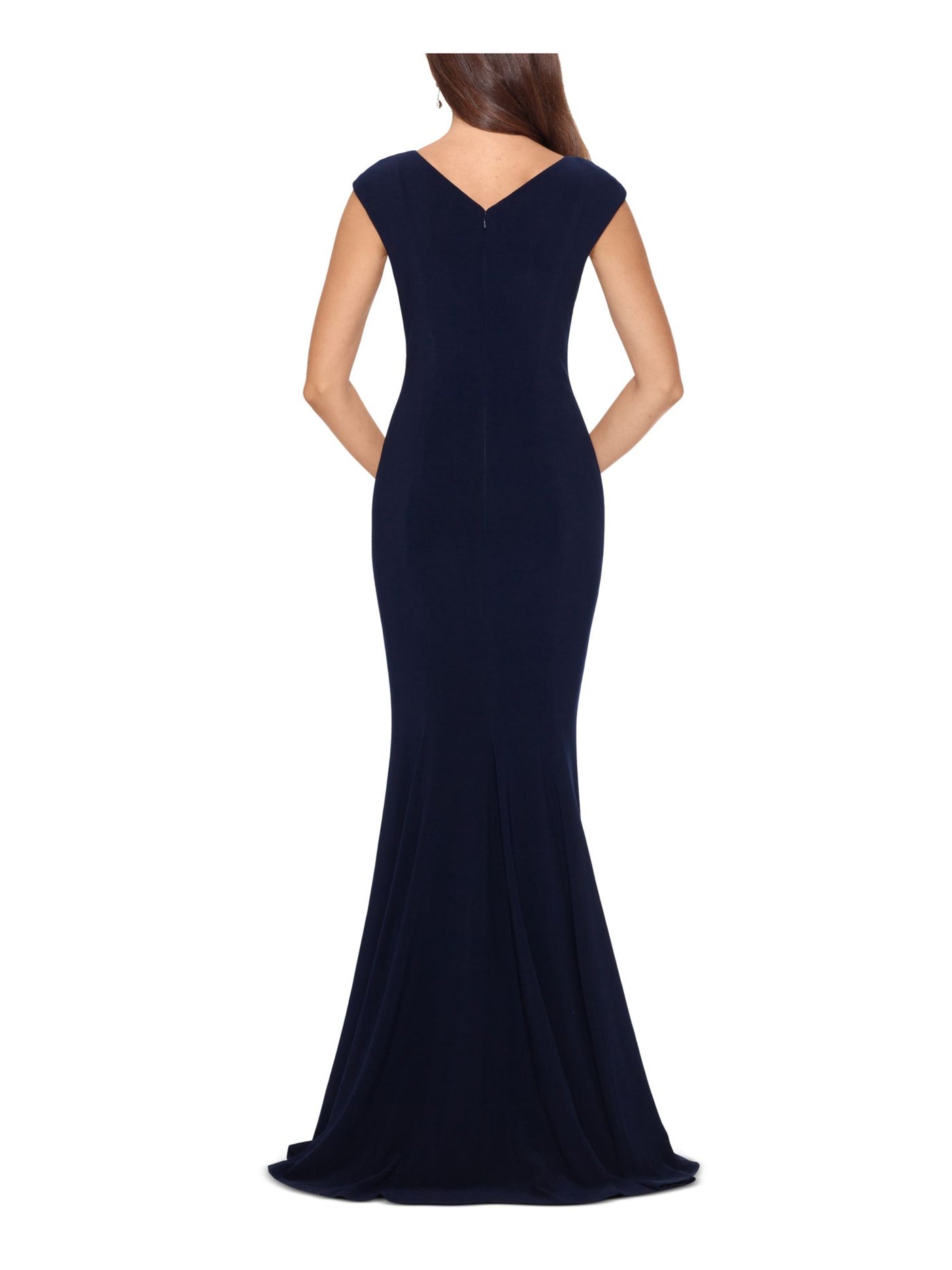 XSCAPE Womens Navy Zippered Slitted Cap Sleeve Jewel Neck Full-Length Evening Sheath Dress Petites 4P