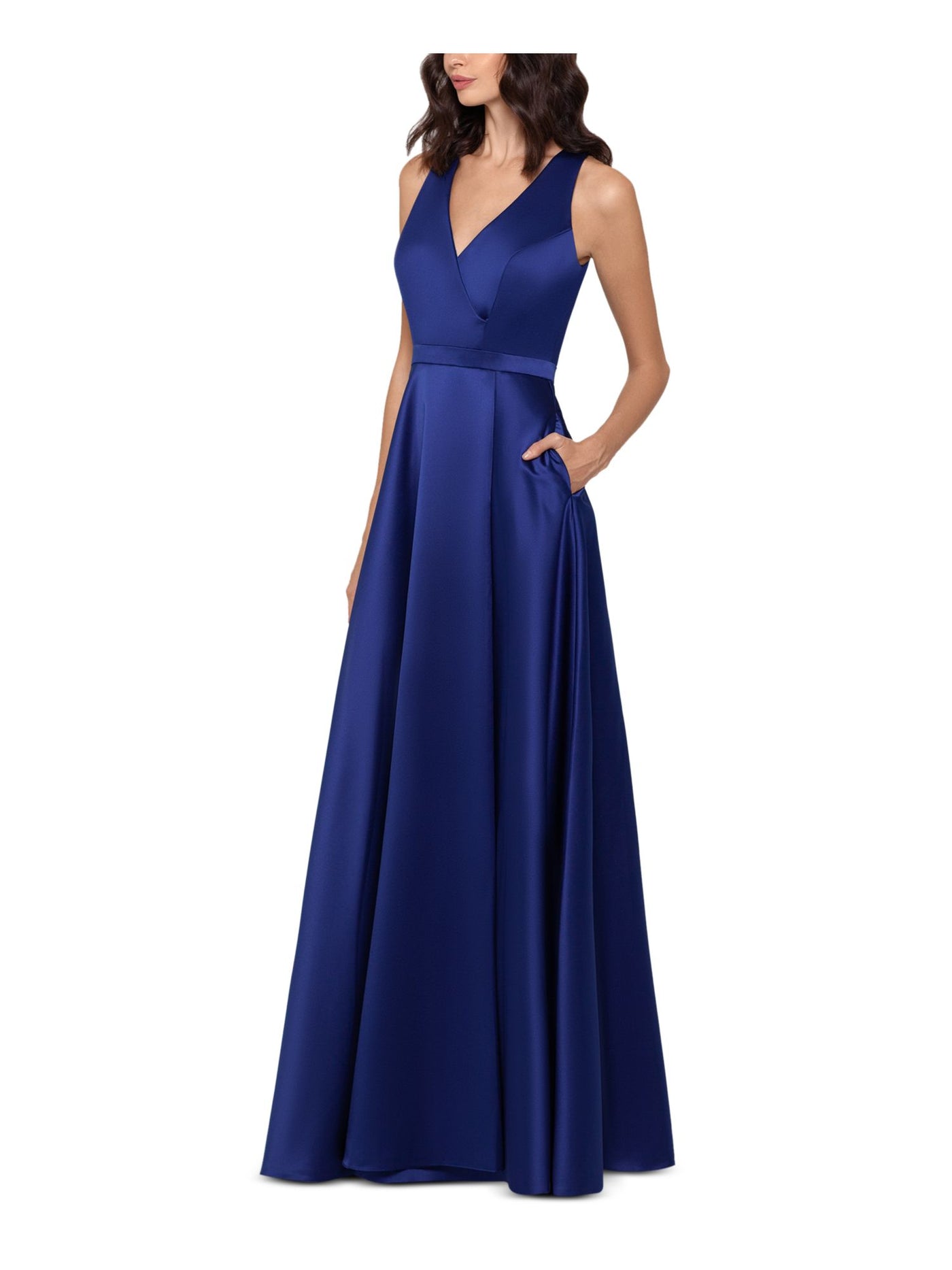 XSCAPE Womens Blue Sleeveless Surplice Neckline Full-Length Evening Sheath Dress 12