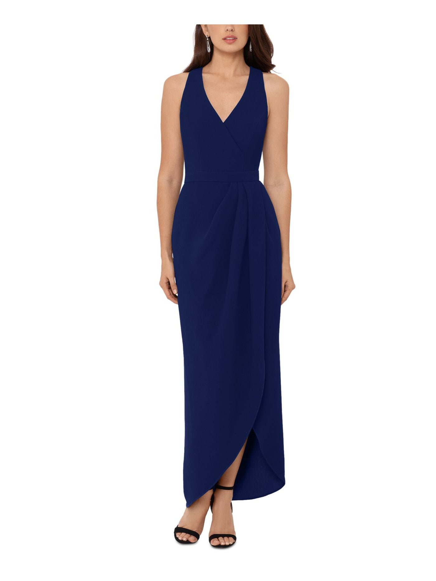 XSCAPE Womens Navy Zippered Sleeveless V Neck Maxi Evening Tulip Dress 4