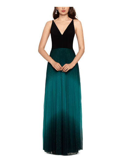 BETSY & ADAM Womens Teal Glitter Ombre Sleeveless V Neck Full-Length Formal Pleated Dress 6