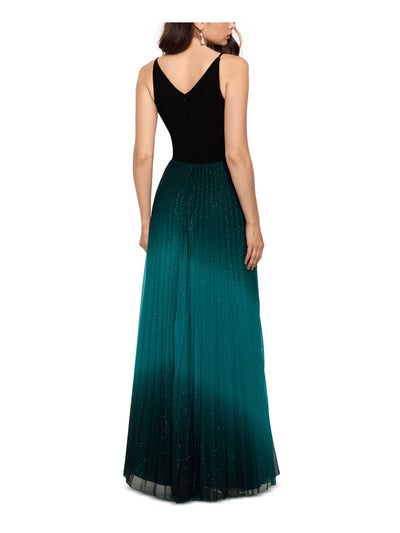 BETSY & ADAM Womens Teal Glitter Ombre Sleeveless V Neck Full-Length Formal Pleated Dress 6