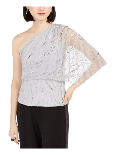 ADRIANNA PAPELL Womens Sequined Sheer Sleeveless Asymmetrical Neckline Evening Top