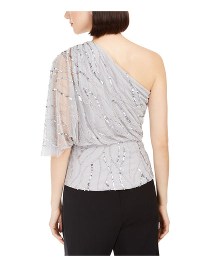 ADRIANNA PAPELL Womens Sequined Sheer Sleeveless Asymmetrical Neckline Evening Top