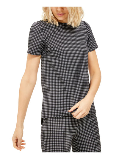 MICHAEL KORS Womens Black Check Short Sleeve Crew Neck Top L