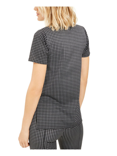 MICHAEL KORS Womens Black Check Short Sleeve Crew Neck Top L