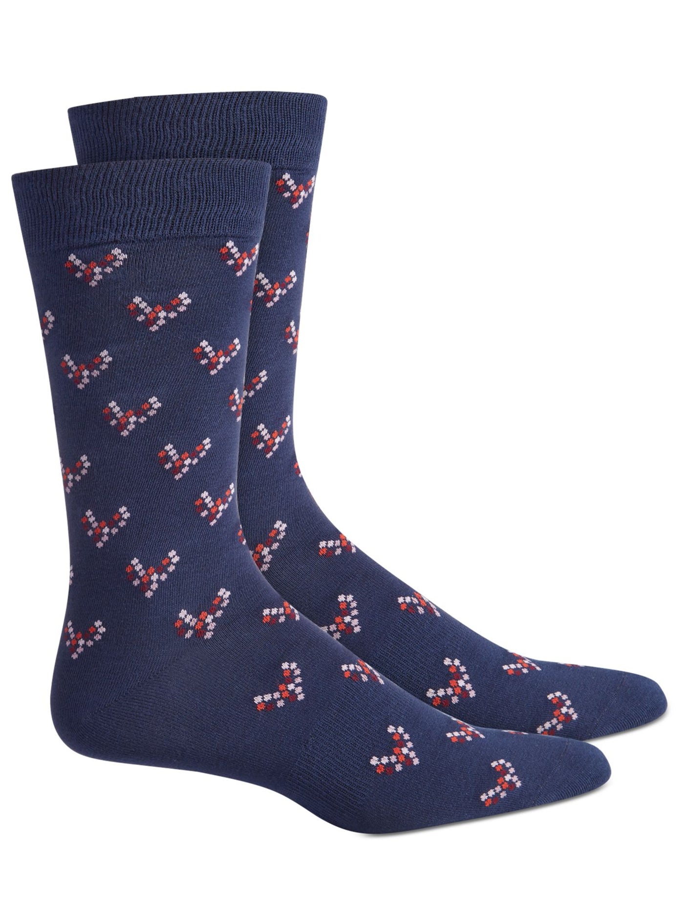 BAR III Navy Pink Combo Printed Arch Support Seamless Toe Dress Crew Socks