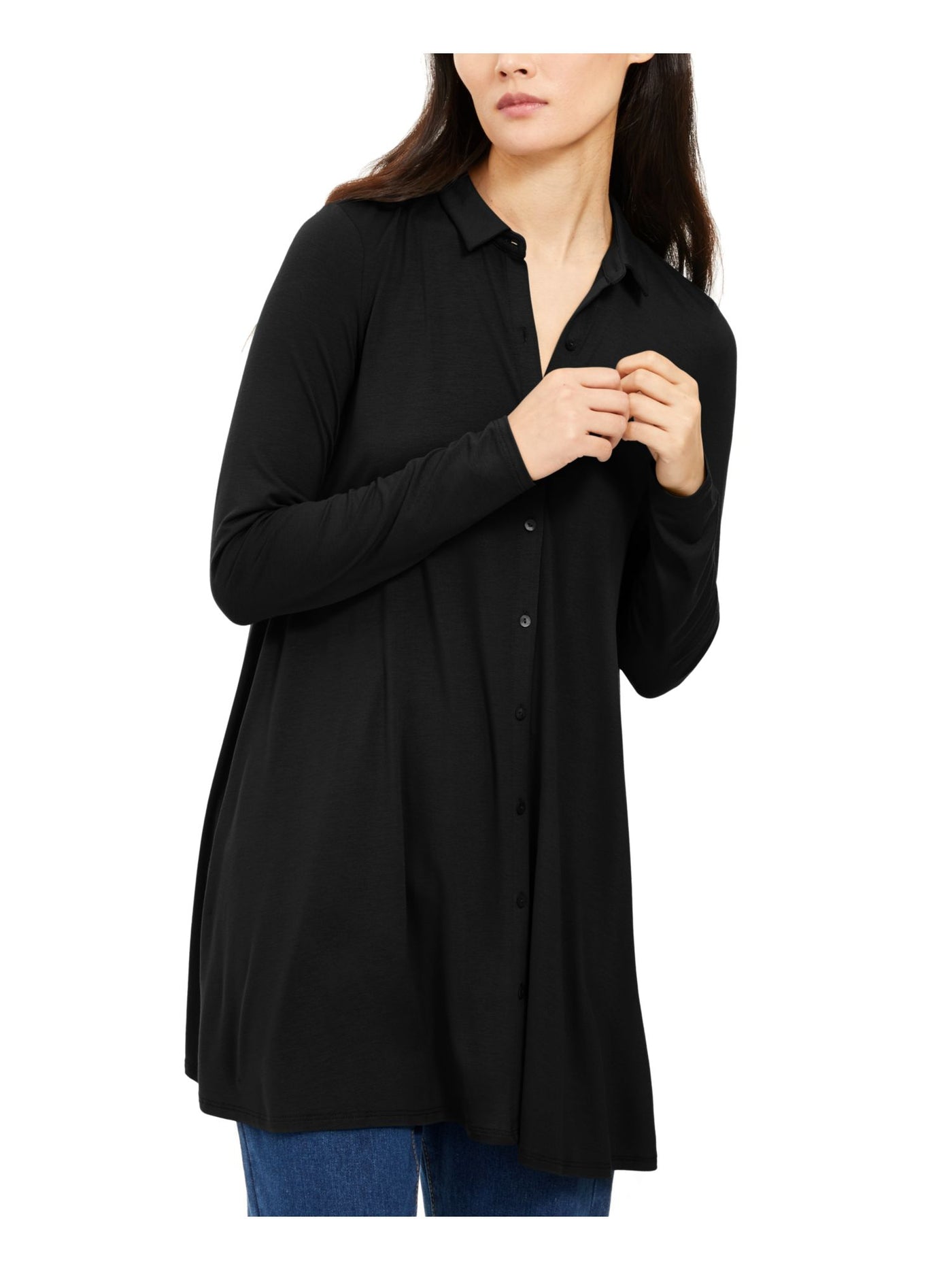 EILEEN FISHER Womens Black Stretch Long Sleeve Point Collar Short Tunic Dress XS\TP