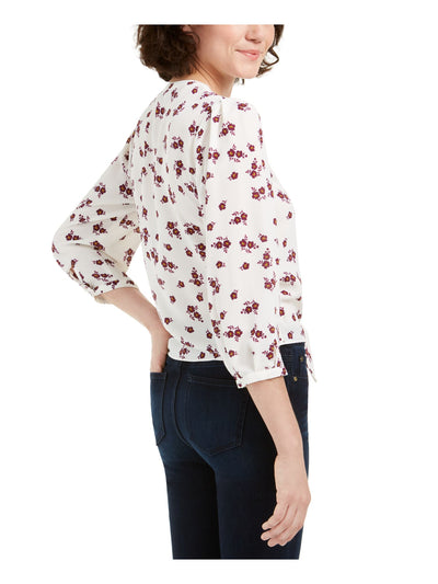 1. STATE Womens White Floral 3/4 Sleeve V Neck Top XL