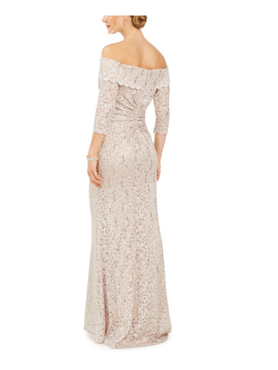 VINCE CAMUTO Womens Beige Sequined Glitter Gown 3/4 Sleeve Off Shoulder Full-Length Formal Dress 6