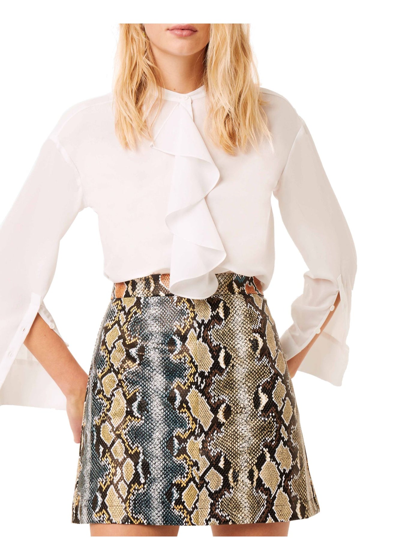 FRENCH CONNECTION Womens Beige Faux Leather Zippered Snake Print Mini Pencil Skirt 2