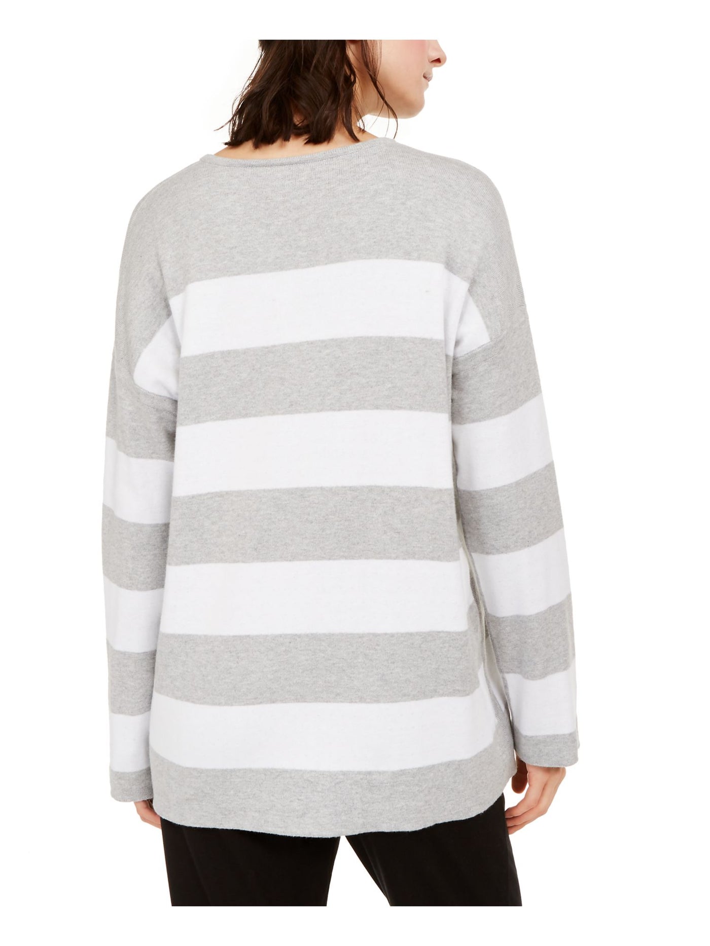 EILEEN FISHER Womens Gray Ribbed Drop Shoulders Striped Long Sleeve Round Neck Sweater S