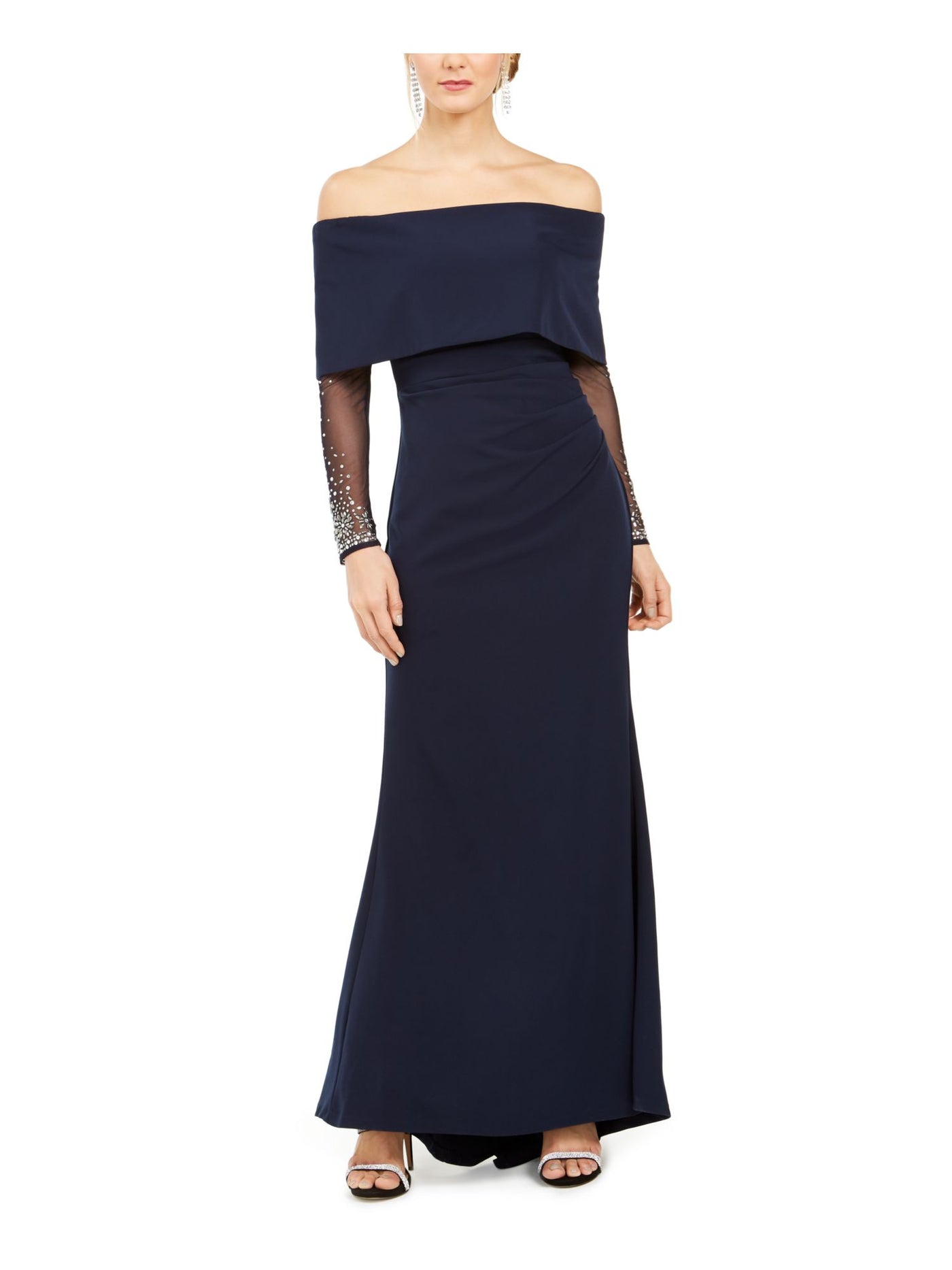 VINCE CAMUTO Womens Embellished Ruched Long Sleeve Off Shoulder Evening Dress