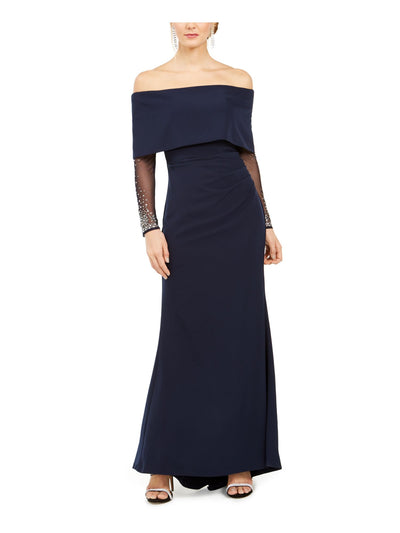 VINCE CAMUTO Womens Navy Embellished Ruched Long Sleeve Off Shoulder Evening Dress 8