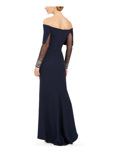 VINCE CAMUTO Womens Navy Embellished Ruched Long Sleeve Off Shoulder Evening Dress 6