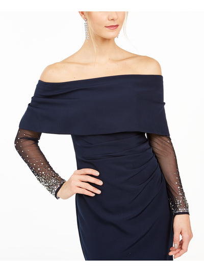 VINCE CAMUTO Womens Navy Embellished Ruched Long Sleeve Off Shoulder Evening Dress 8