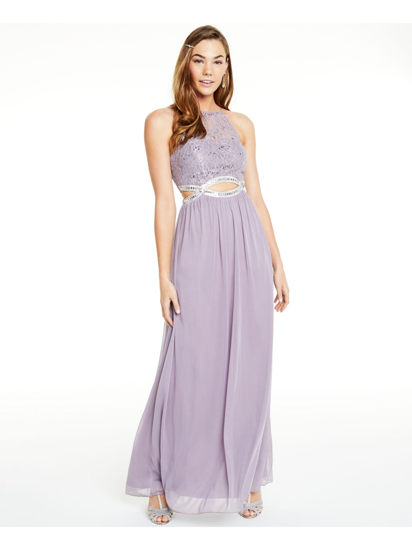 SPEECHLESS Womens Purple Sequined Cut Out Sleeveless Halter Full-Length Empire Waist Prom Dress 11