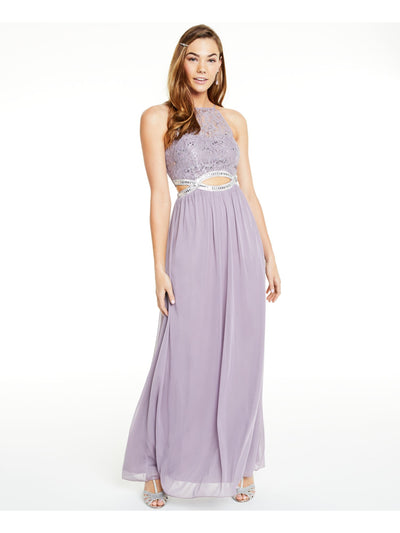 SPEECHLESS Womens Purple Sequined Cut Out Sleeveless Halter Full-Length Empire Waist Prom Dress 1