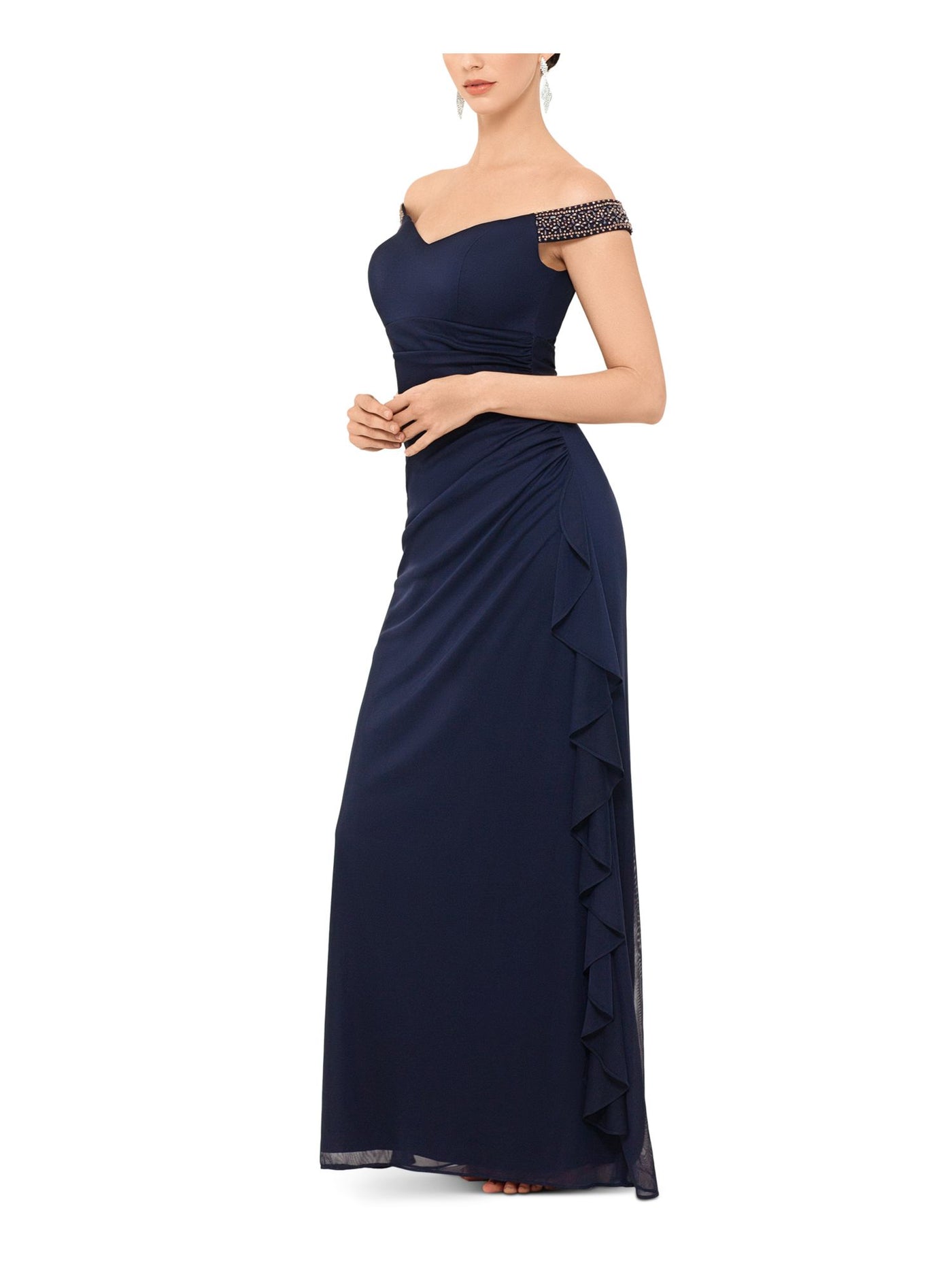 BETSY & ADAM Womens Navy Beaded Sleeveless Off Shoulder Full-Length Formal Sheath Dress 4